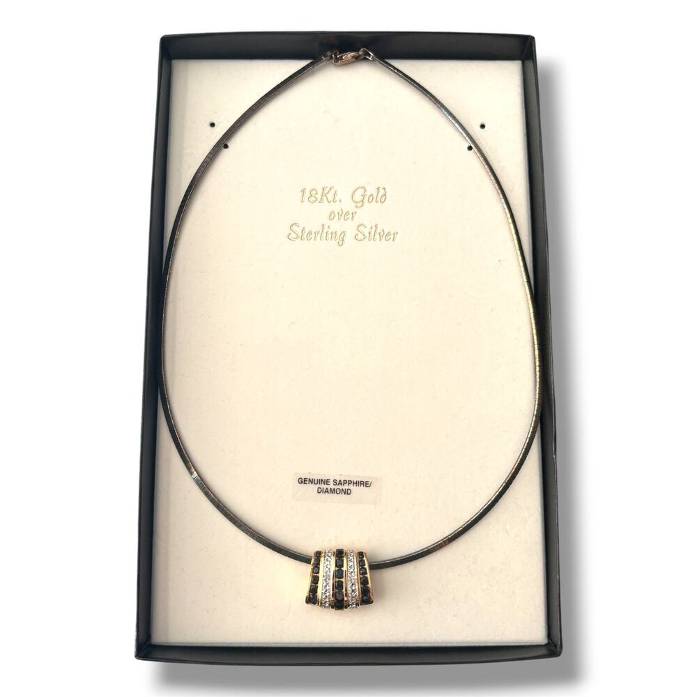 PAJ 18K Gold over Sterling Silver Genuine Sapphire Diamond Omega Slide Necklace